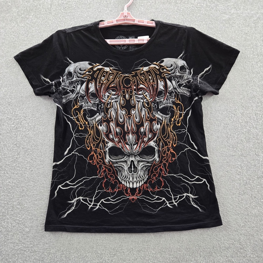 Affliction Men Shirt XL Black Graphic Skull Flames Grunge Goth Biker MMA Y2K